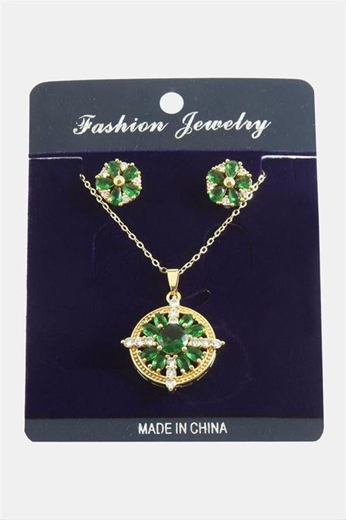 Çiçek Zirkon Taşlı Set Kolye - Yeşil