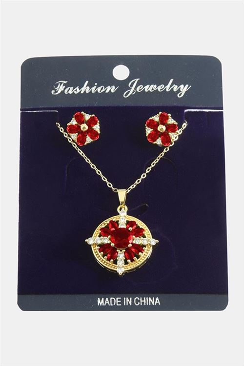 Çiçek Zirkon Taşlı Set Kolye - Kırmızı