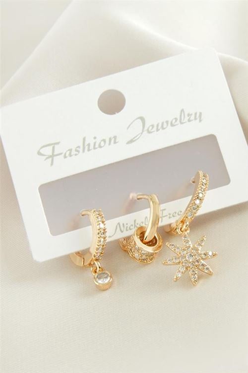 3 Adet Yıldız Zirkon Taşlı Küpe - Sarı