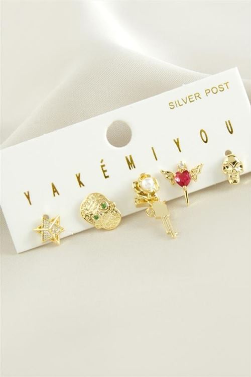 Yakemiyou 5 Adet Zirkon Taşlı Lüks Çelik Küpe - Sarı