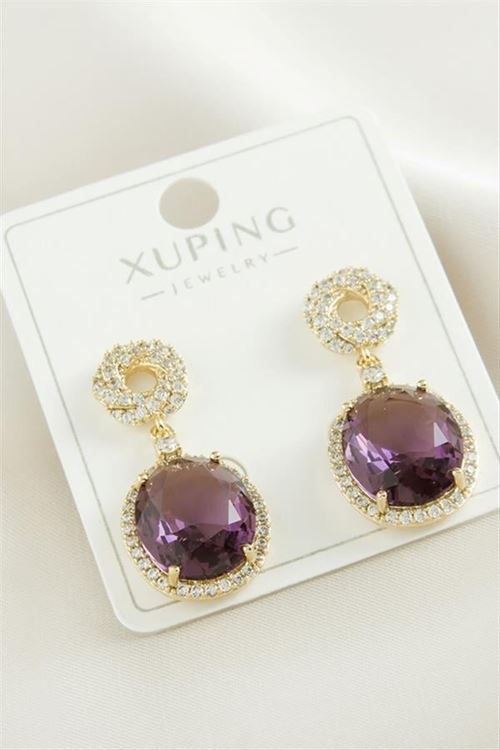 Xuping Oval Zirkon Taşlı Lüks Çelik Küpe - Sarı