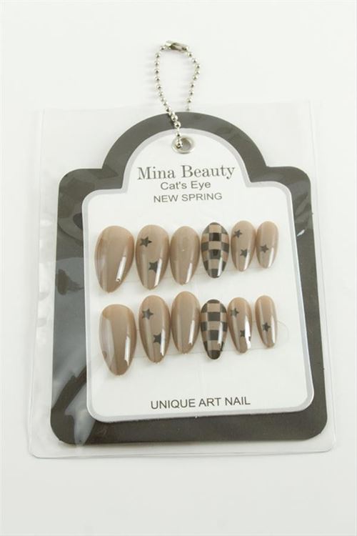 Desenli Mina Beauty Kedi Gözü Takma Tırnak - Açık Kahverengi