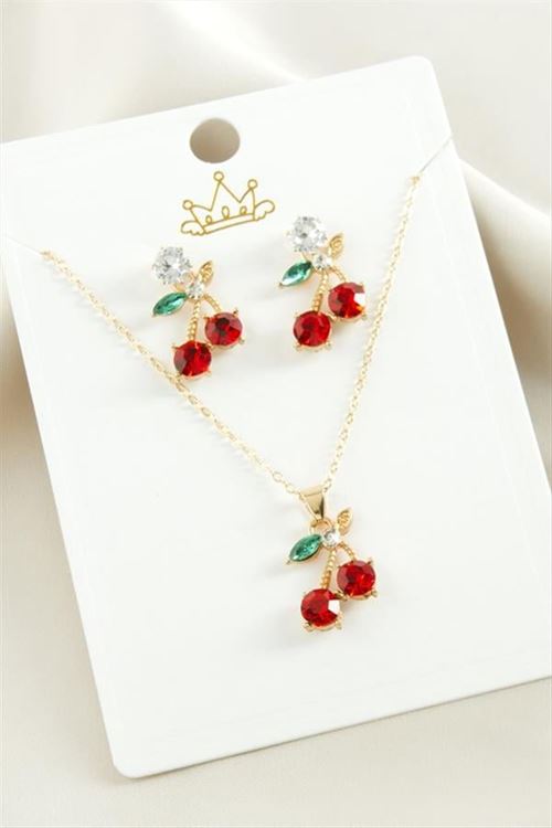 Kiraz Zirkon Taşlı Set Kolye - Kırmızı
