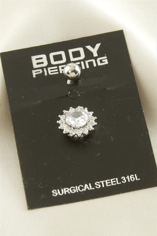 Çiçek Zirkon Taşlı Çelik Piercing 1 Adet - Gümüş Rengi