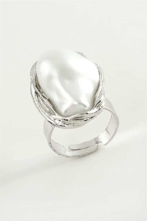 Oval İnci Metal Yüzük - Sarı