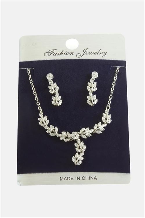 Yaprak Zirkon Taşlı Set Kolye - Gümüş Rengi