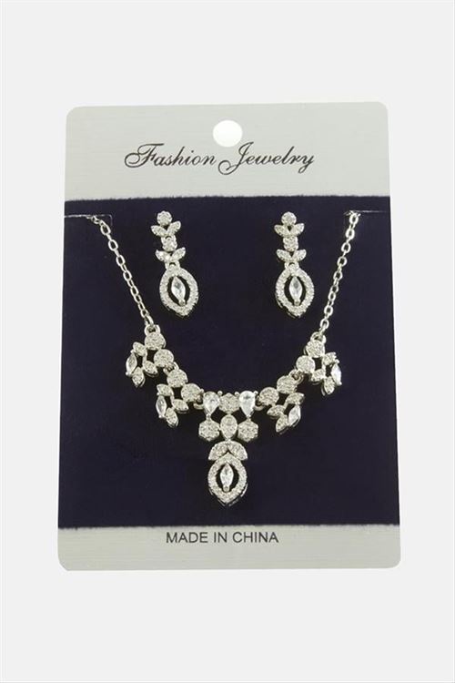Çiçek Zirkon Taşlı Set Kolye - Gümüş Rengi