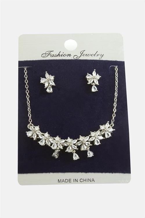 Çiçek Zirkon Taşlı Set Kolye - Gümüş Rengi