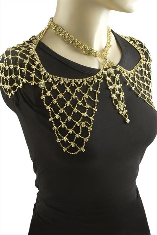 Fileli Taşlı Omuz Kolyesi - Sarı