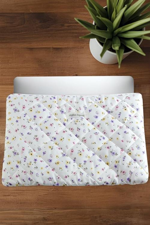 Çiçek Desenli Labtop Bilgisayar Çantası 15*16 inç - Beyaz