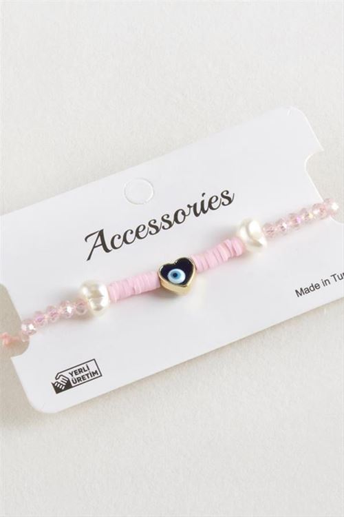 Kalp İnci Fimo Kristal Makrome İp Bileklik - Açık Pembe
