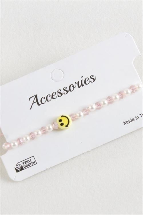 Emoji İnci Kristal Makrome İp Bileklik - Pembe