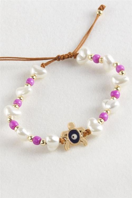 Kaplumbağa Boncuk İnci Makrome İp Bileklik - Beyaz