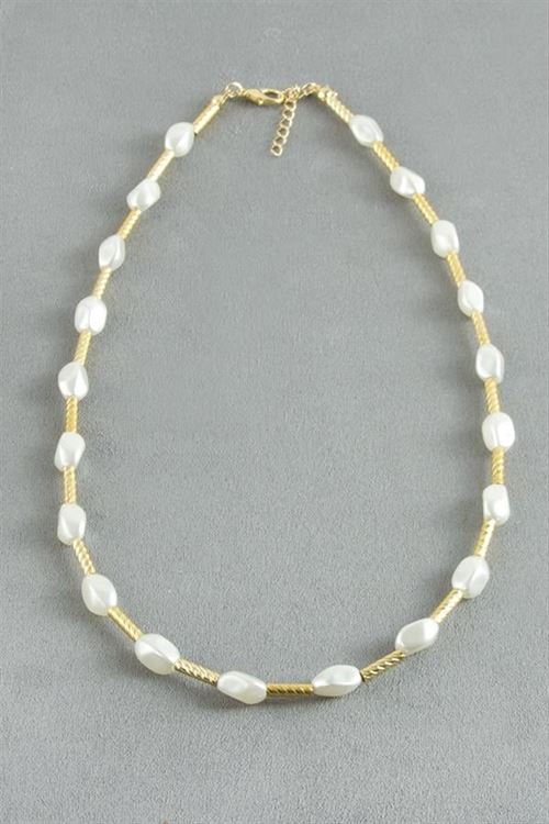Oval Metal İnci Kolye - Sarı