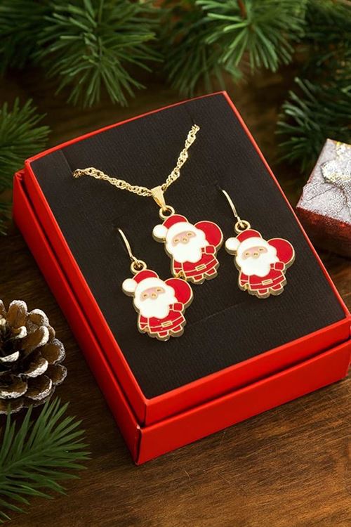 Noel Baba Yılbaşı Kutulu Zincir Kolye Set - Kırmızı