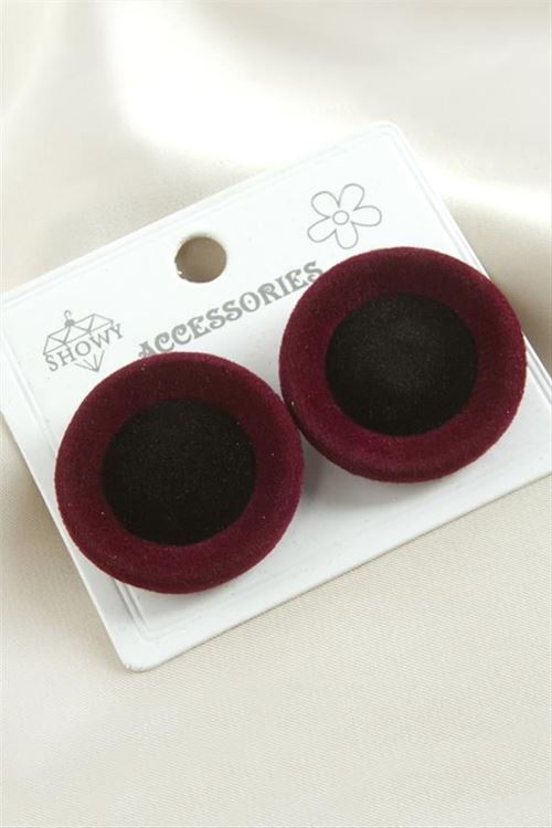 Düğme Süet Kumaş Küpe - Bordo