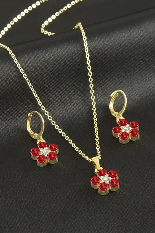 Çiçek Taşlı Set Kolye - Kırmızı