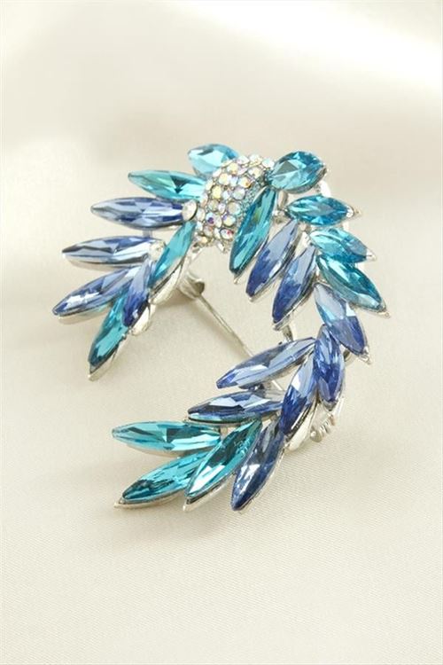 Oval Kristal Taşlı Broş - Mavi