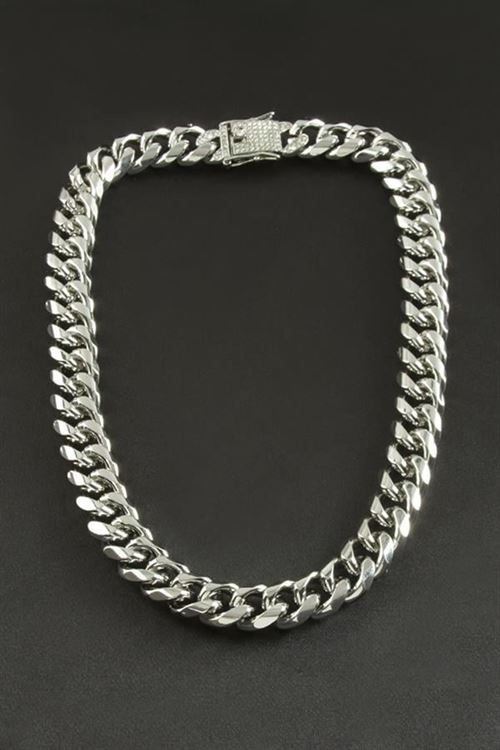 Chain Zirkon Taşlı Kalın Zincir Lüks Çelik Kolye - Gümüş Rengi