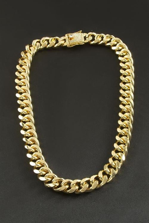 Chain Zirkon Taşlı Kalın Zincir Lüks Çelik Kolye - Sarı