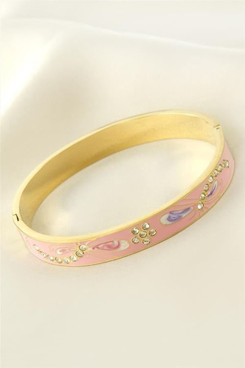 Çiçek Mineli Lüks Çelik Kelepçe Bileklik - Pembe