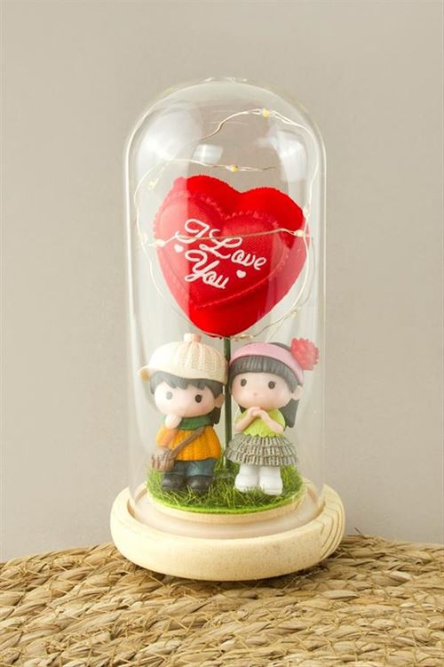 I Love You Yazılı Sevgili Çift Kalpli Işıklı Led Fanus - Kırmızı