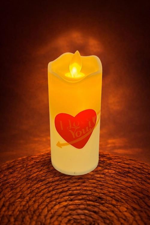 Kalp I Love You Yazılı Işıklı Mum 12 cm - Sarı